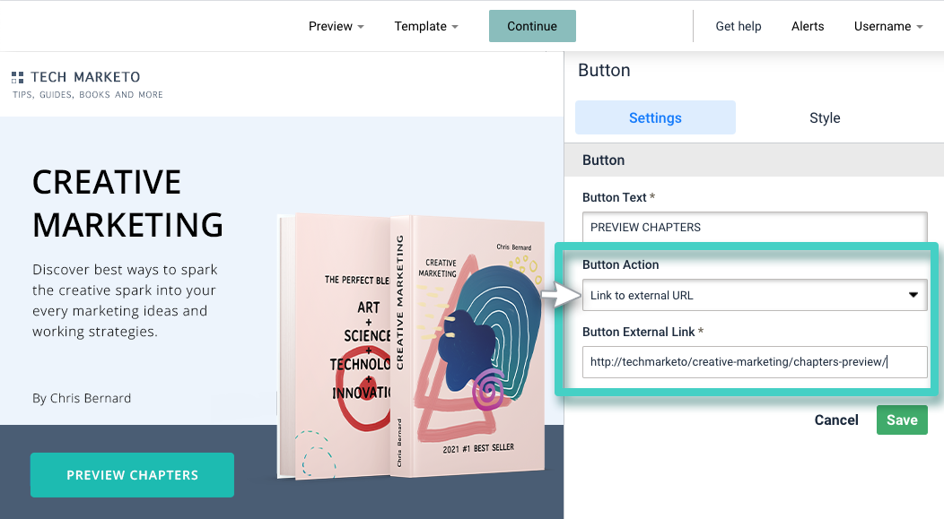 Landing page click action for button. Button action settings is highlighted