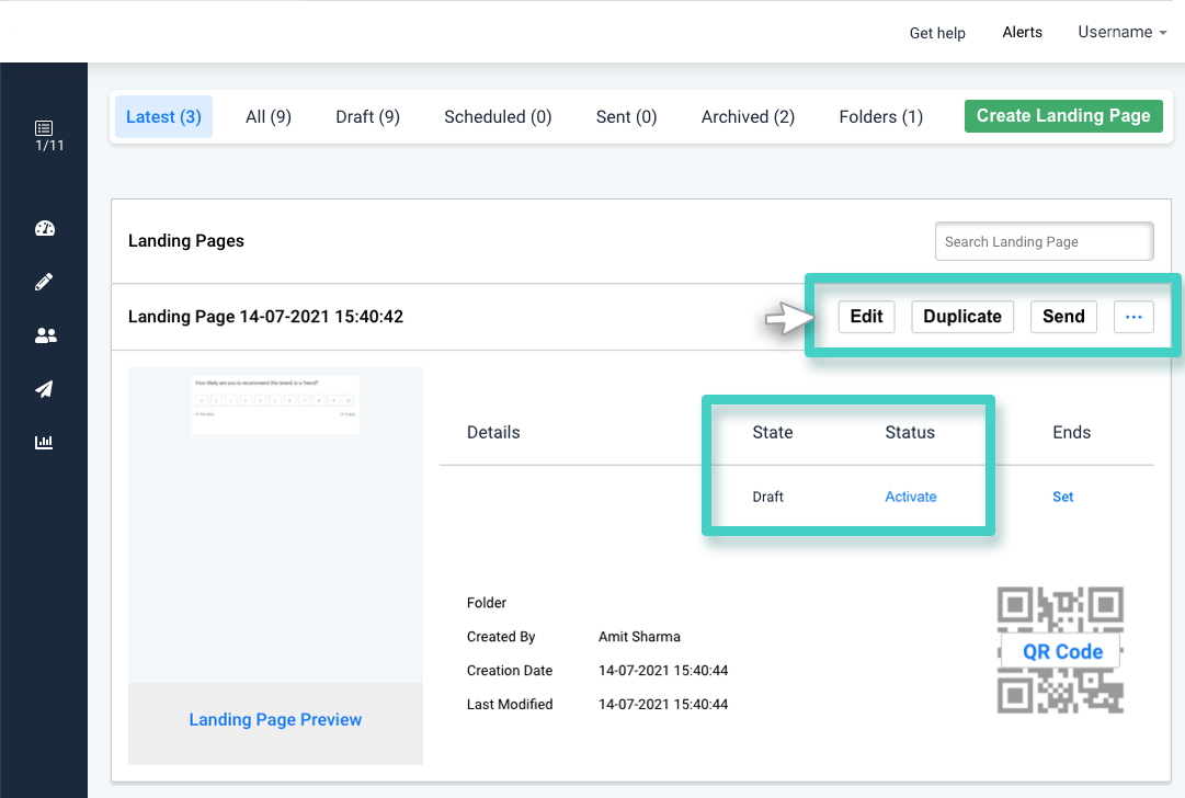 Landing page creations, landing page state and status is highlighted