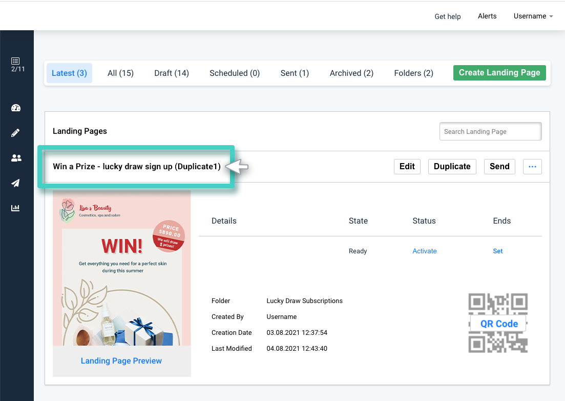 Modify saved landing page, landing page overview. The landing page has duplicated