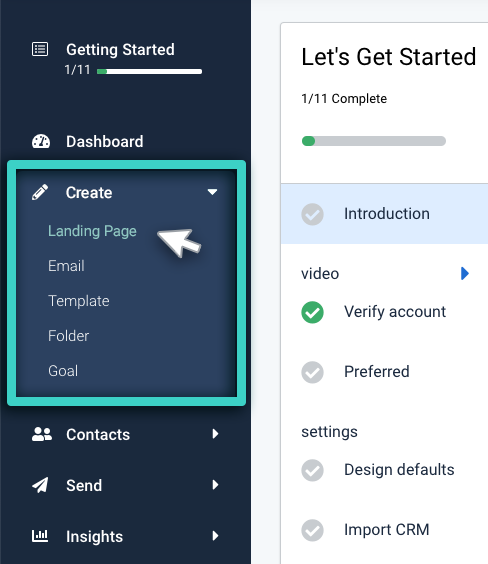 Modify saved landing page, create menu. Landing page is highlighted
