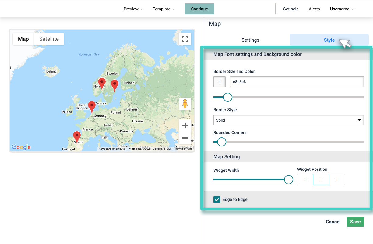 Landing page map. The style button is highlighted