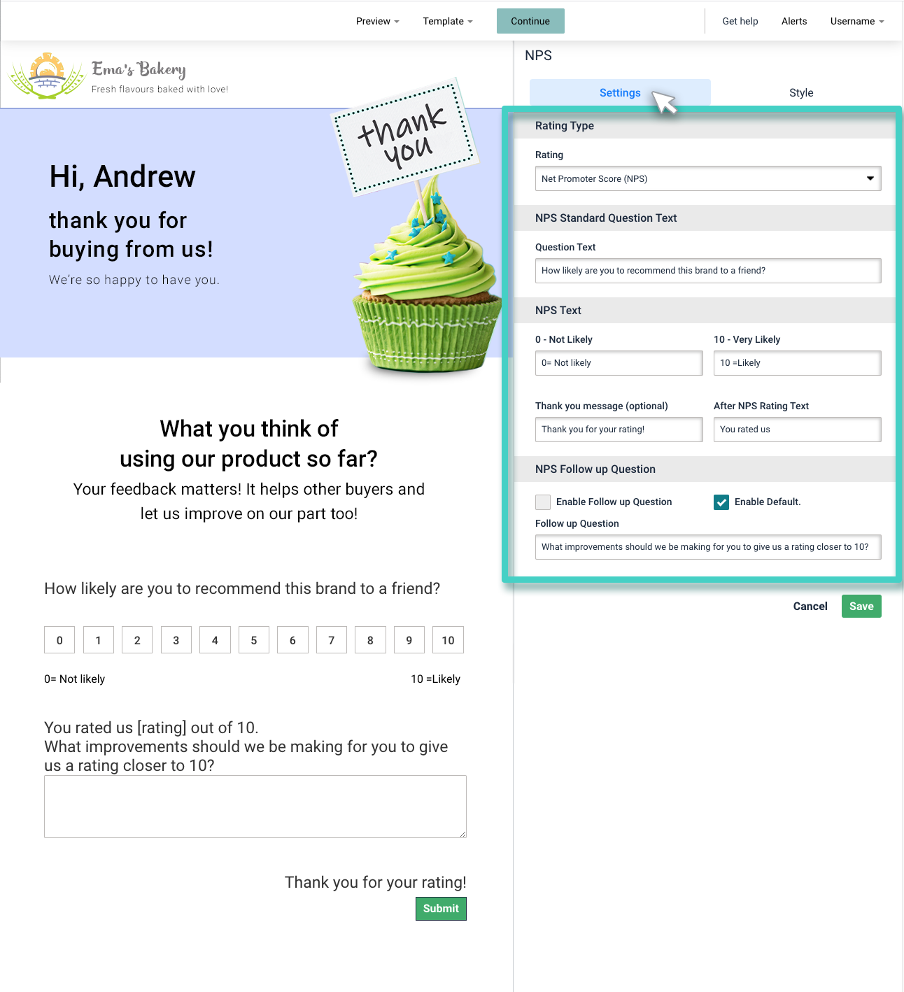 Landing page NPS settings Landing page NPS widget. The settings tab is highlighted
