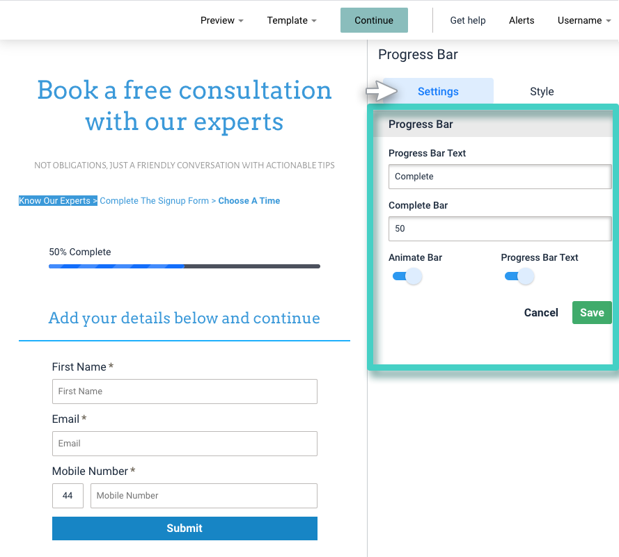 Landing page progress bar. The settings tab is highlighted