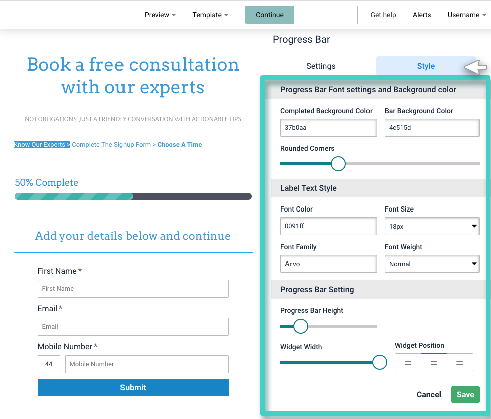Landing page progress bar. The style tab is highlighted