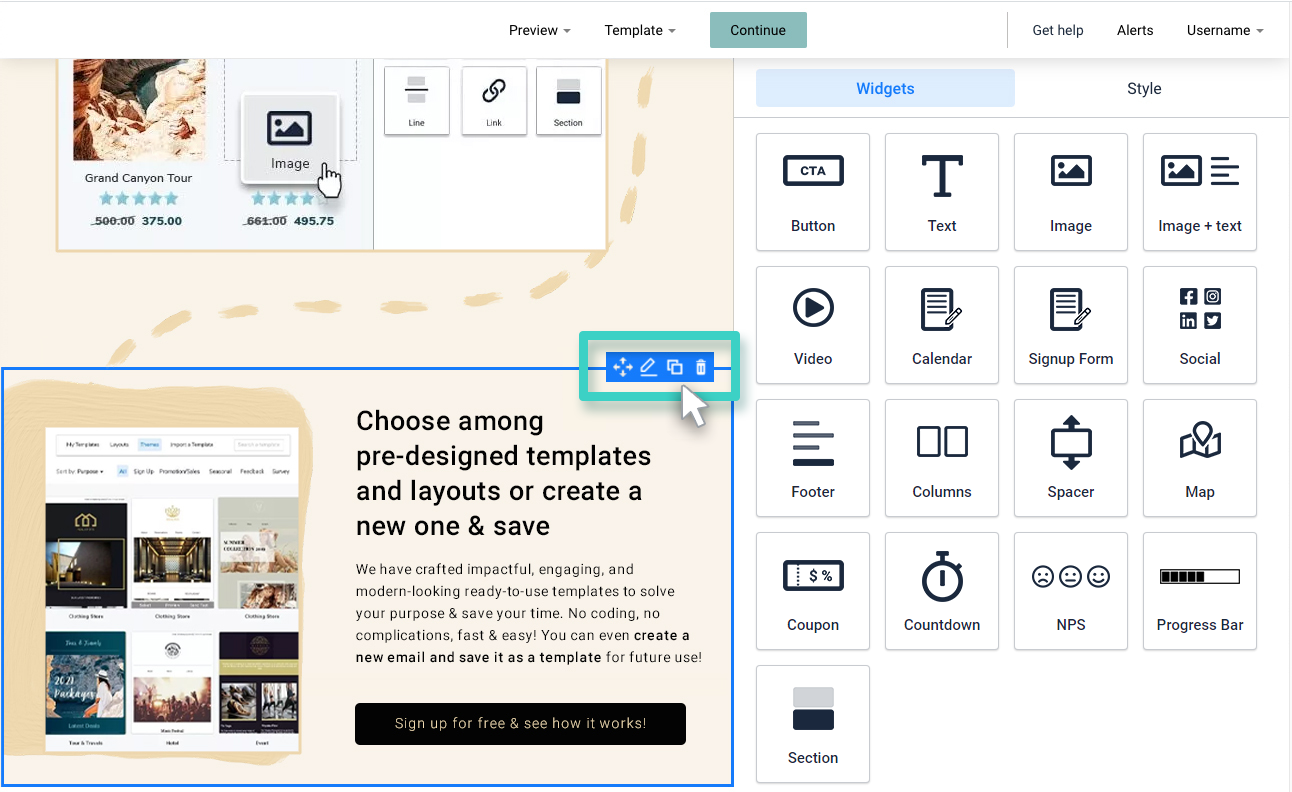 Landing page section. Landing page section is selected, and shows section actions