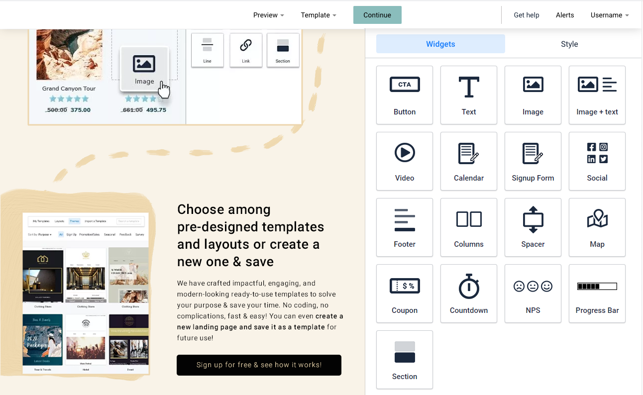 Landing page section. Elements are added to the workspace