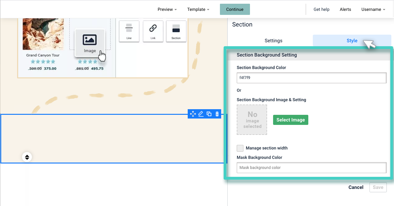Landing page section. The style tab is highlighted