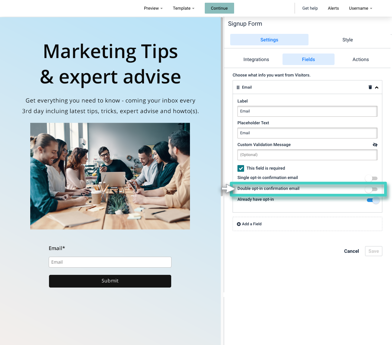 Double optin email signups settings. Alternative double opt-in confirmation, email highlighted