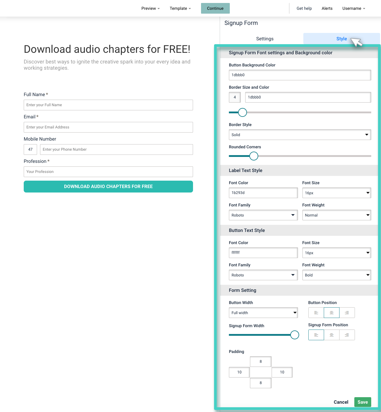 Landing page signup form. The signup form widget style tab is highlighted