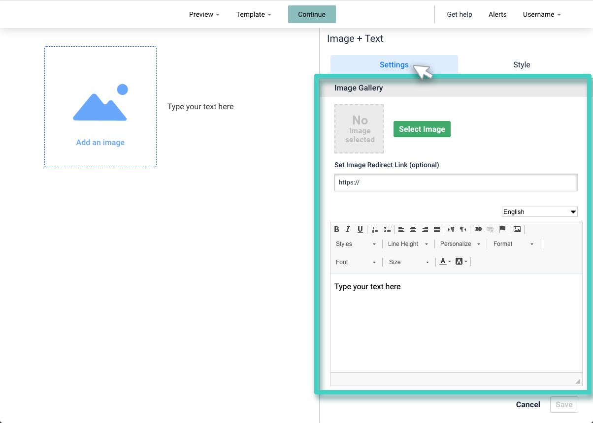 Landing page image and text widget. The settings tab is highlighted