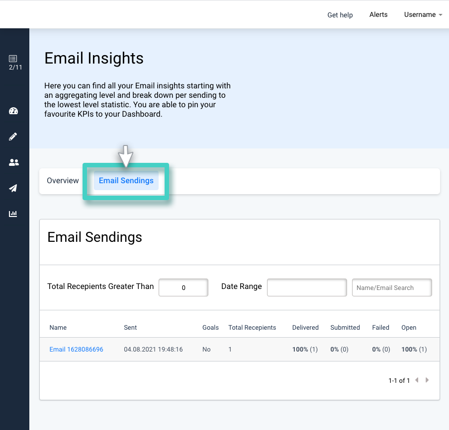 Email insights, insights menu. Email is highlighted