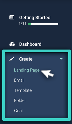 Landing page manager, create menu. Landing page is is highlighted
