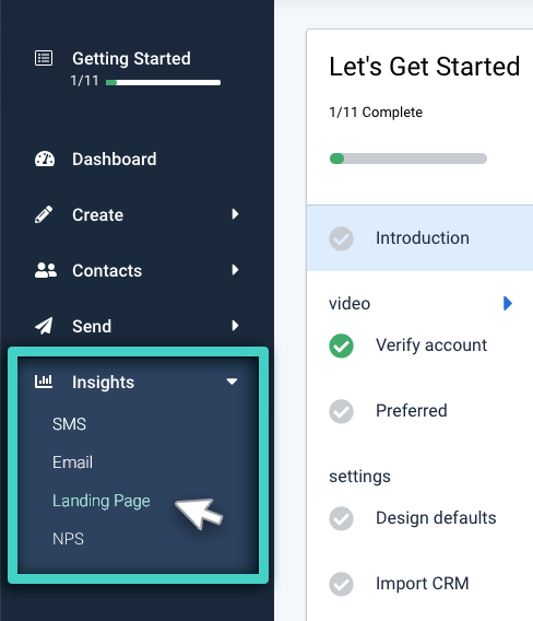 Monitor landing page performance goals, insights menu. Landing page is highlighted