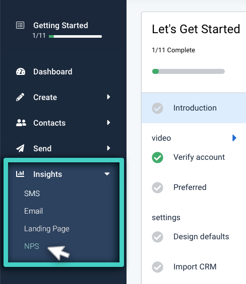 NPS Insights, insights menu. NPS is highlighted