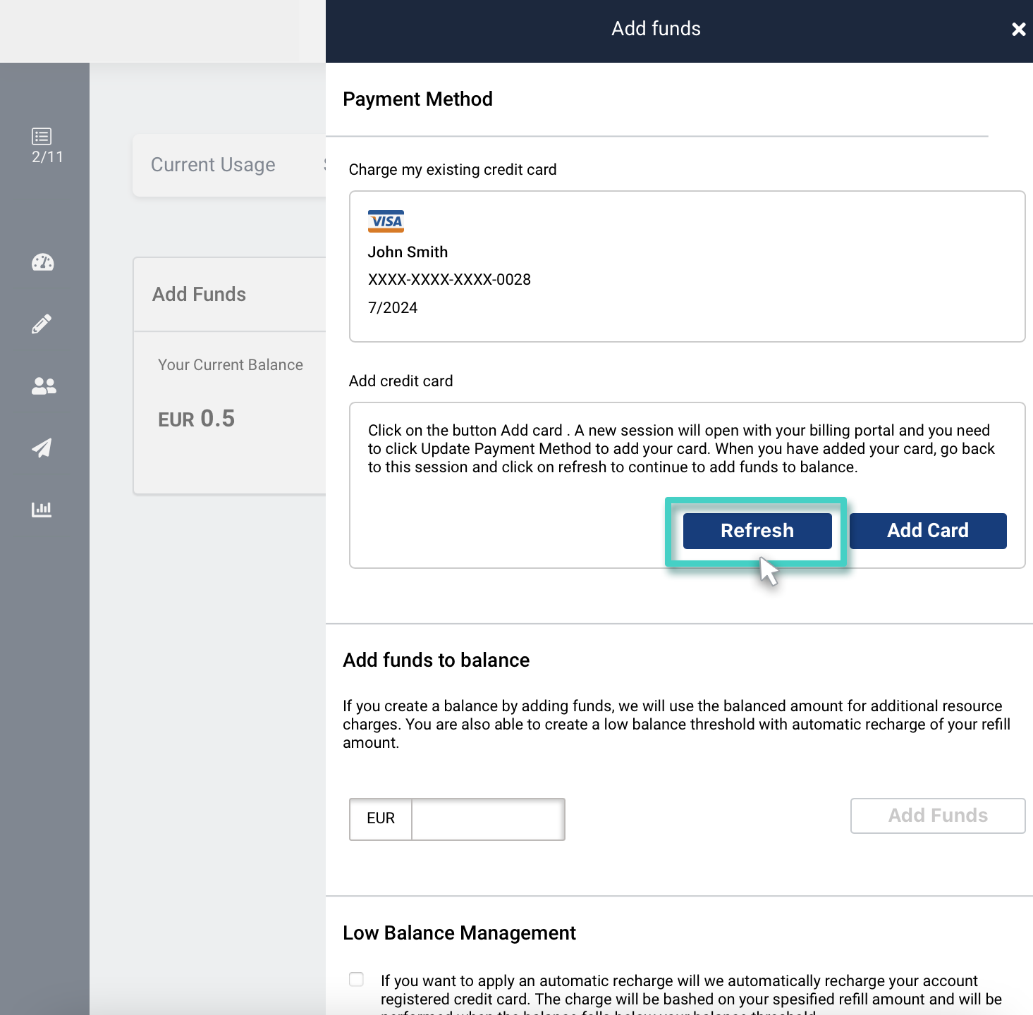The billing section, payment method. The refresh button is highlighted