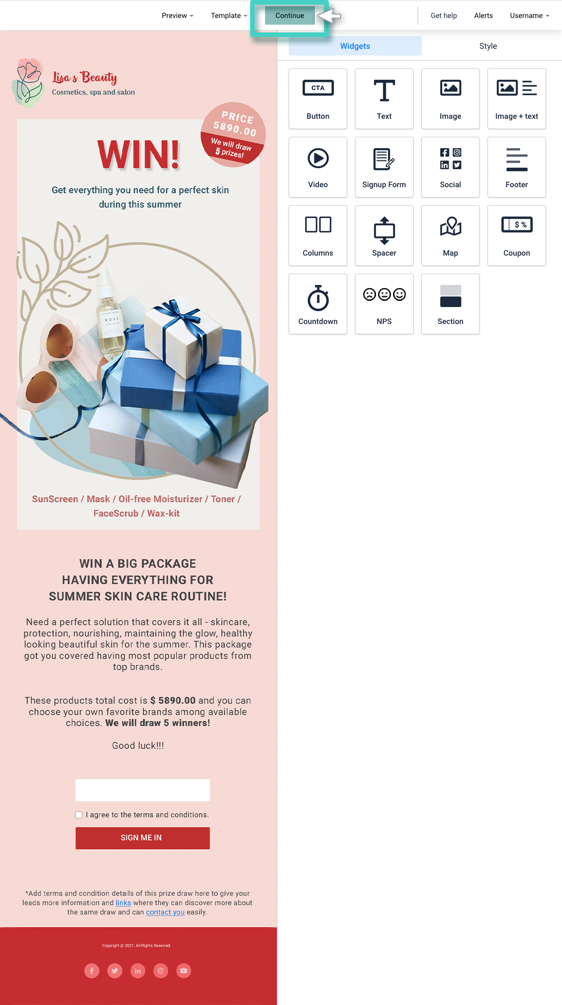 New landing page, landing page builder. The continue button is highlighted