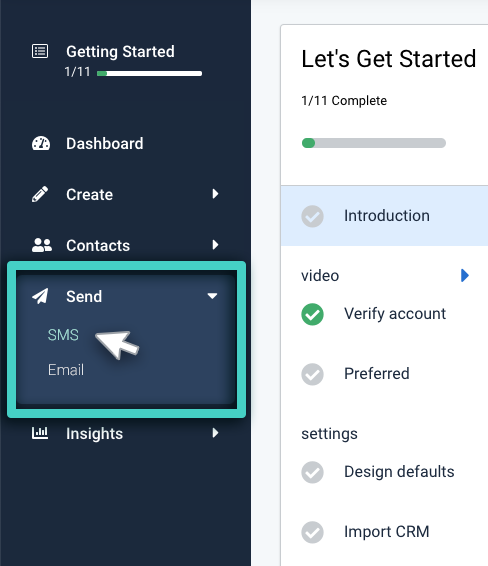 SMS sending screen, send menu. SMS is highlighted