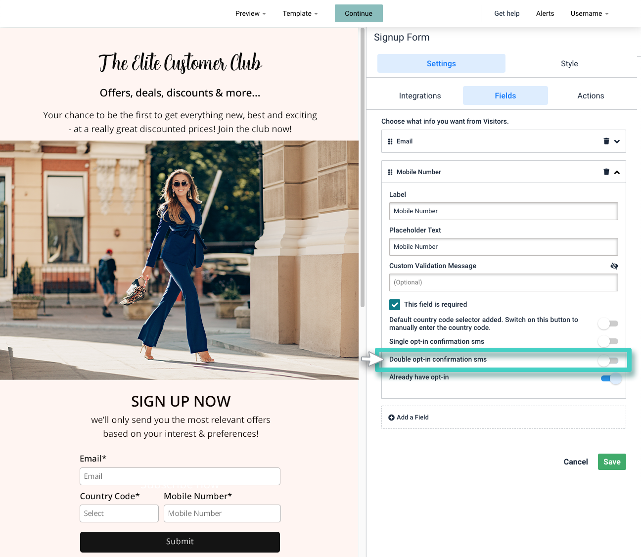 Double optin SMS signups settings. Alternative double opt-in confirmation SMS highlighted