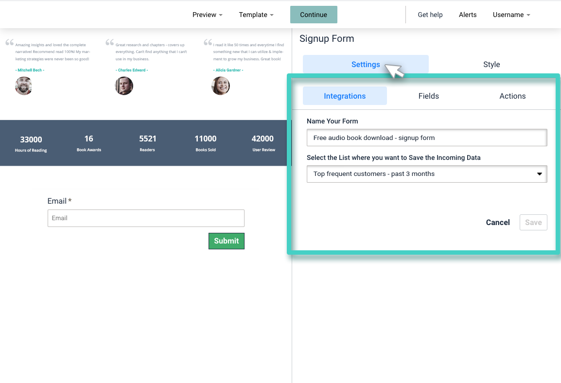 Customer signup rules, signup form settings. Integrations tab