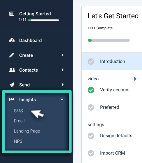 SMS insights menu SMS campaign insights, insights menu. SMS is highlighted