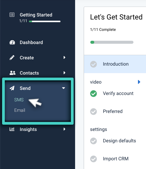 SMS with landing page, send menu. SMS highlighted