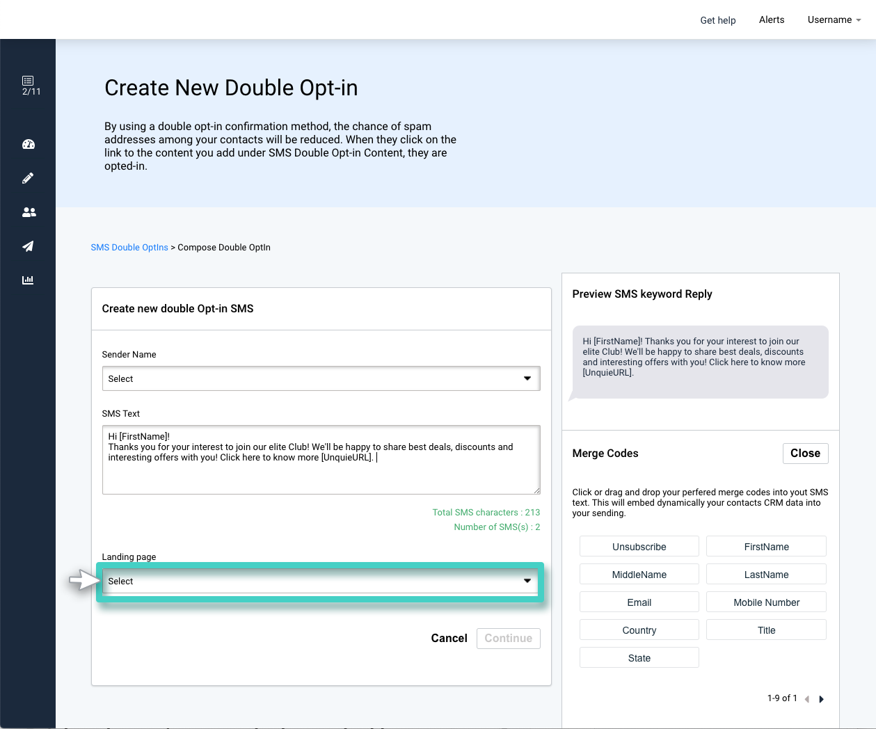 Double opt in SMS sign ups, select landing page