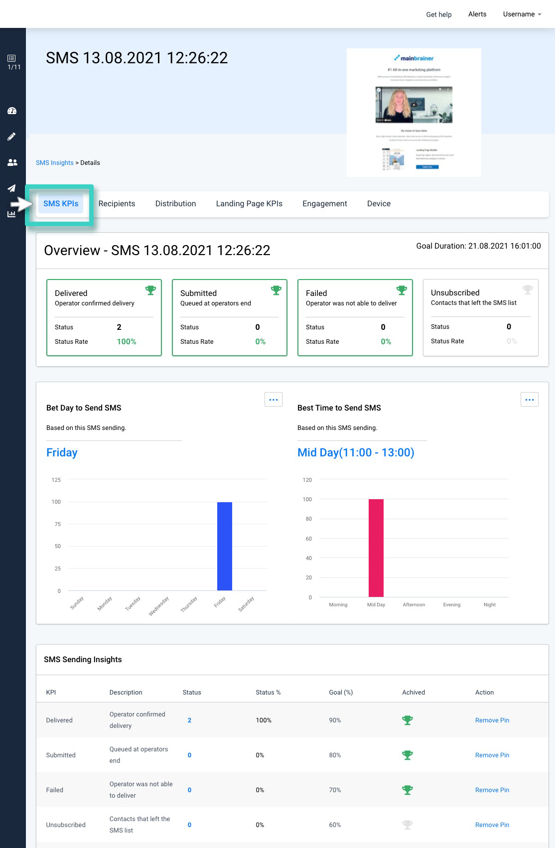 SMS campaign goal performance, insights overview. The SMS KPIs tab is highlighted