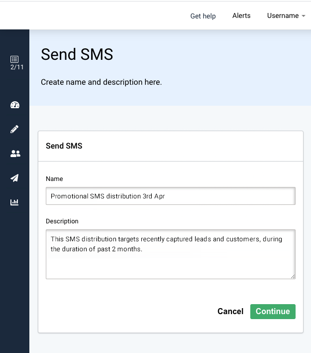 SMS campaign sending, set Name and description