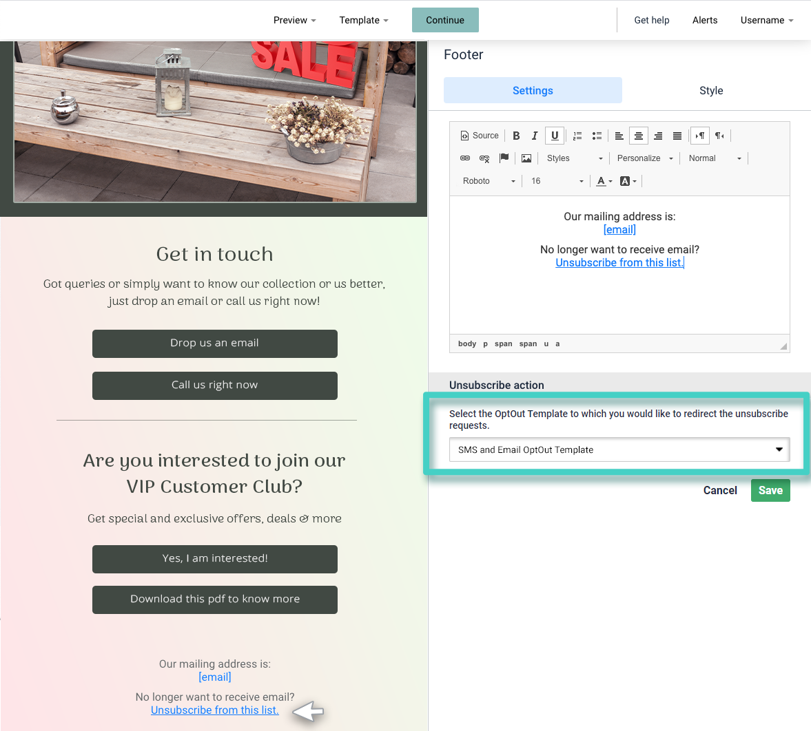Unsubscribe template action list SMS and email unsubscribe template, landing page footer settings. Unsubscribe action list