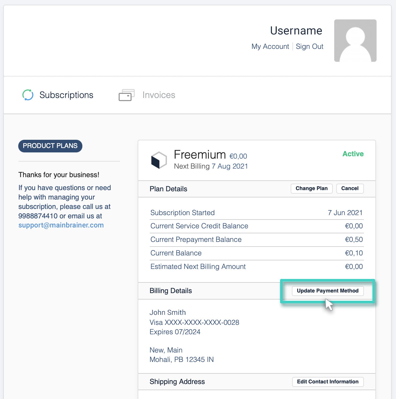 The billing section. Update payment method button is highlighted