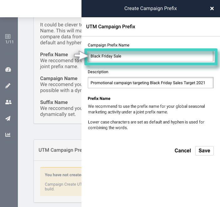 UTM code prefix name Create UTM template. Campaign prefix name field is highlighted