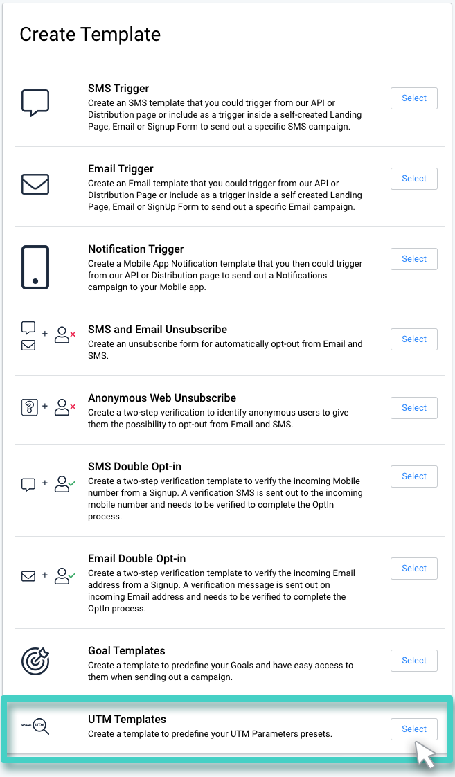 UTM template button Create UTM template. The select UTM templates button is highlighted