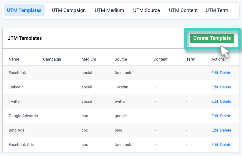 Create template button Create UTM template, utm templates overview. The create template button is highlighted