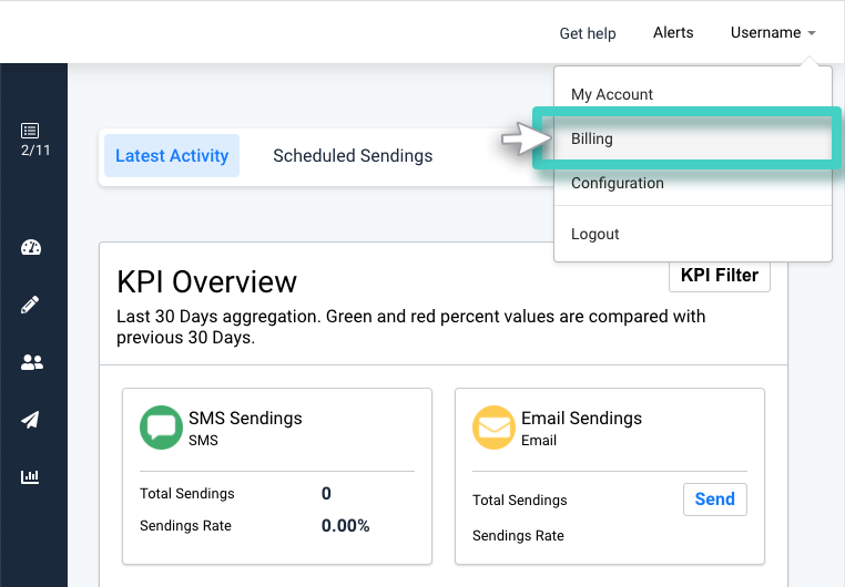 The billing section. Username drop down menu. Billing is highlighted