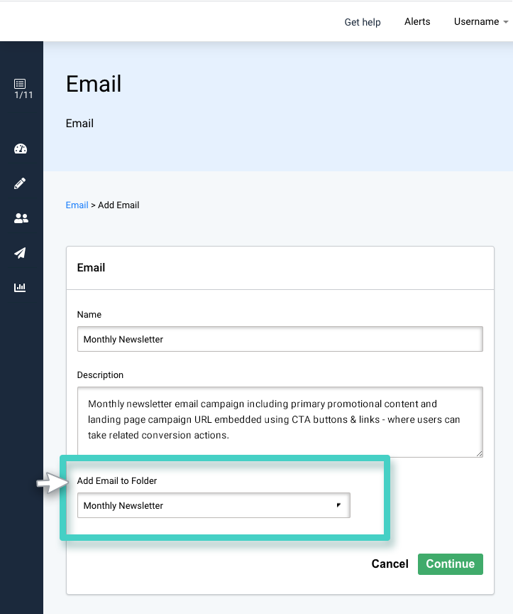 Campaign folder, add email to folder option with drop down menu