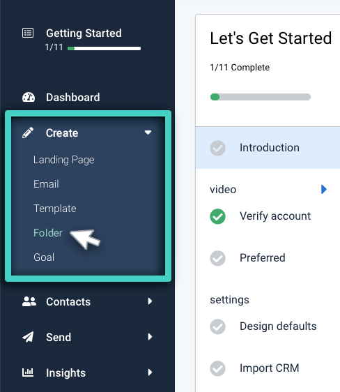 Create menu. Folder option highlighted
