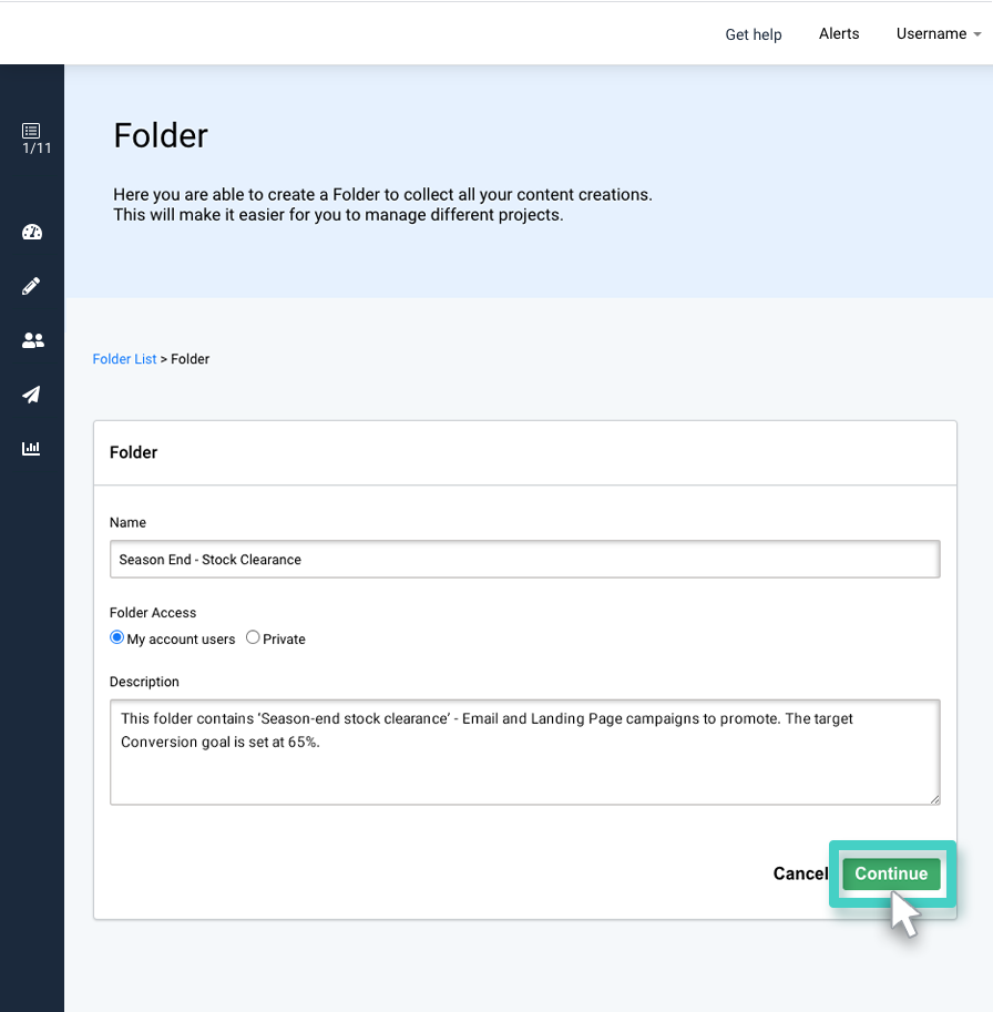Folder menu, create name and description