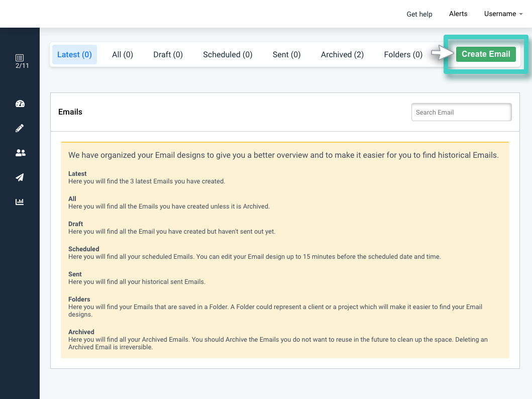 Email campaign, create new email button highlighted