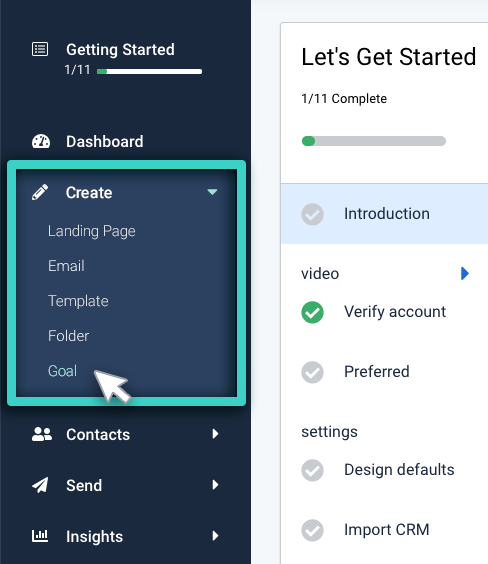 Landing page performance goals, create menu. Goal is highlighted