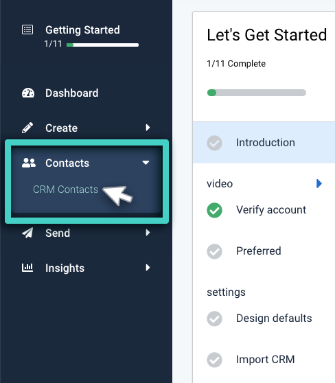 Navigate to CRM list, contacts menu. CRM contacts highlighted