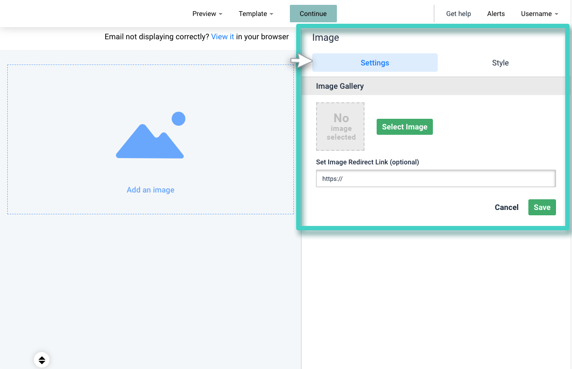 Email creator, image widget settings