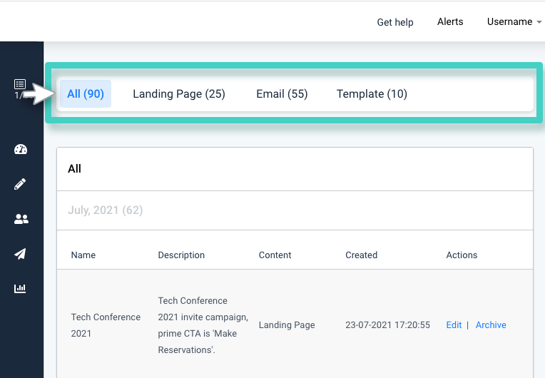 Campaign folder filter. Options are: all, landing page, signup form, email and template