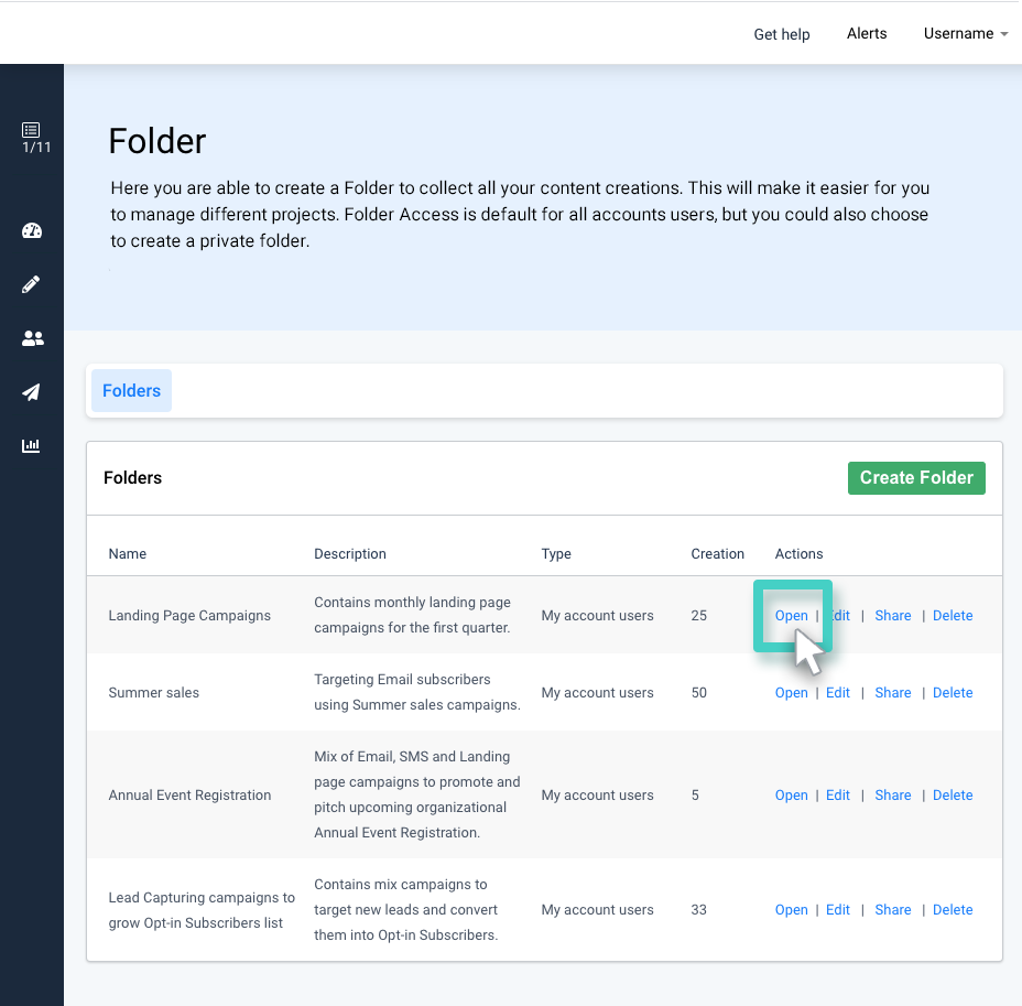 Campaign folder overview. Open button highlighted