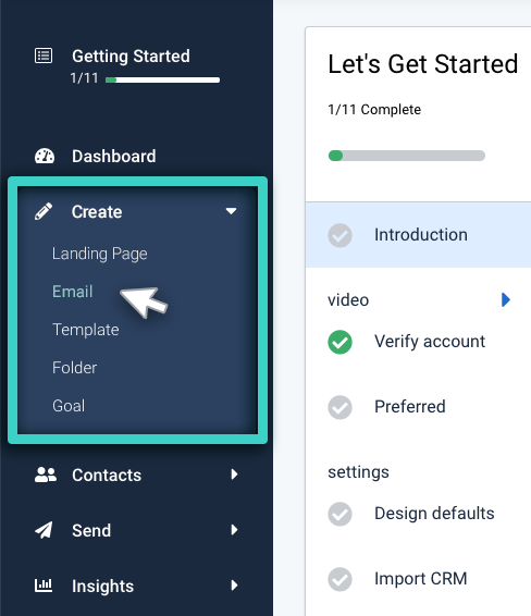 Email campaign manager, menu with the option Email highlighted