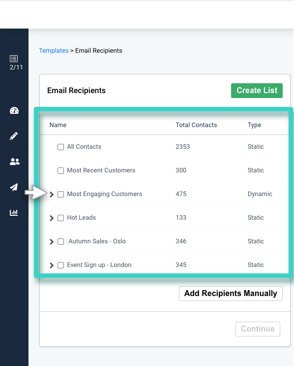 Email campaign, email recipients. Create list or add recipients manually