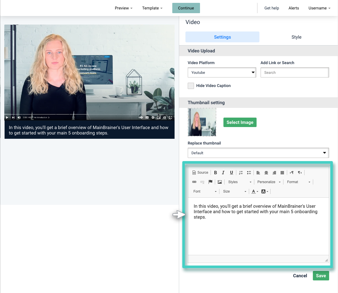 Email creator, video widget. Video captions text editor is highlighted