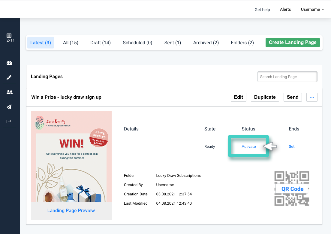 Landing page builder, landing page status. Activate button highlighted