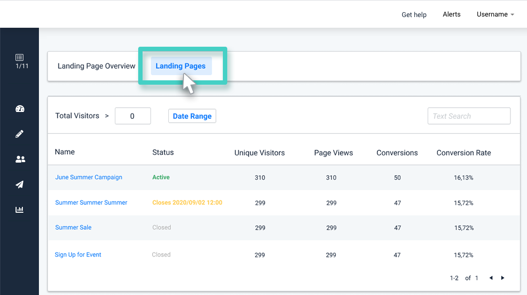 Landing page insights, landing page button highlighted