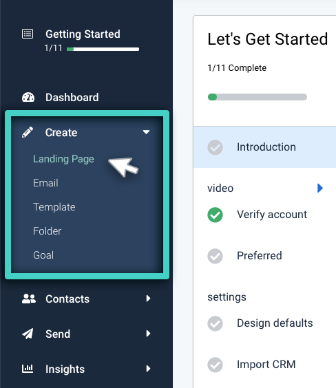 Landing page builder, create sub menu. Landing page highlighted
