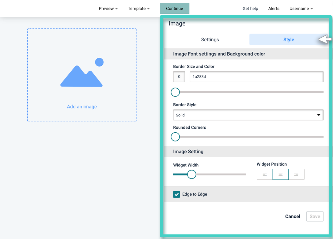 Landing page builder, widget settings with the style button highlighted 